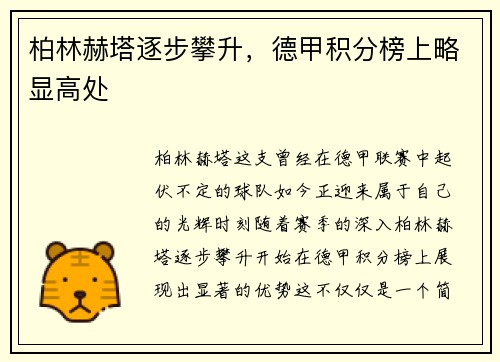 柏林赫塔逐步攀升,德甲积分榜上略显高处